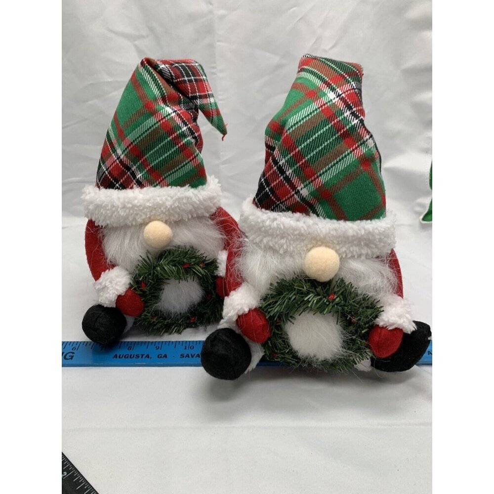 2 PC Gnome Christmas Plush Split Leg Seated 13” Red White With Wreath NEW TS1